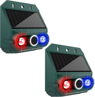 Zonne-energie bewegingssensor alarm, 129dB sirene, 4 standen, IP55 waterdicht beveiligingsapparaat met flitslicht, voor erf, boerderij, tuin, buitenhuisbeveiliging (2 stuks)