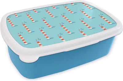 Broodtrommel Blauw - Lunchbox - Brooddoos - Vuurtoren - Blauw - Strand - Patronen - 18x12x6 cm - Kinderen - Jongen