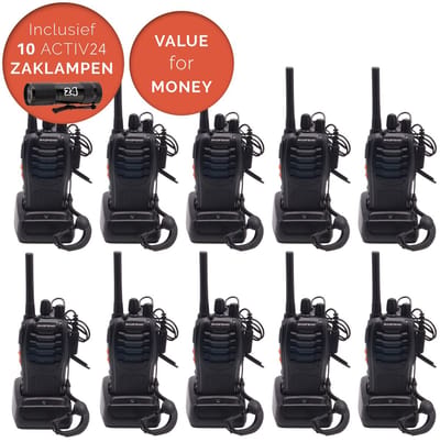 Activ24™ - Walkietalkie - Set van 10x Baofeng BF-88E PMR portofoons met headsets en 10x Activ24™ zaklampen - Vergunningsvrij - Walkie Talkie - BF88E portofoon - Portofoonset