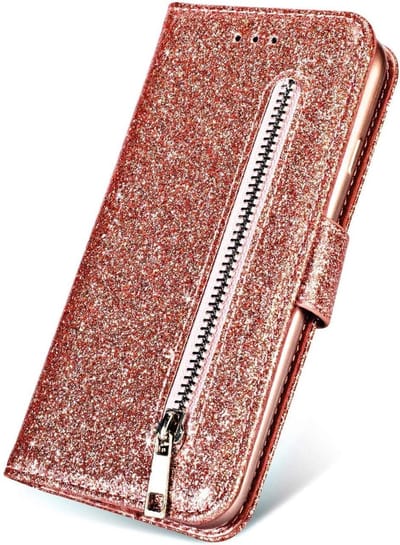 Glitter Bookcase Hoesje Geschikt voor: iPhone SE 2020 / 2022 / 7 / 8 Glitter Bookcase met rits - hoesje - portemonneehoesje - Rosegoud