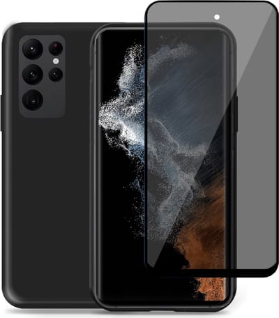 Hoesje geschikt voor Samsung S22 Ultra - Privacy Screenprotector – Privé Gehard Glas Cover - Suède Case Zwart