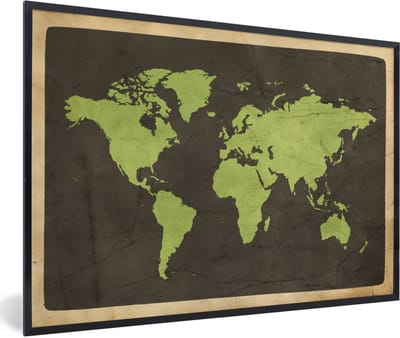 Poster in lijst - Fotolijst 90x60 cm - Posters - Wereldkaart - Groen - Vintage - Posterlijst zwart - Decoratie - Wanddecoratie woonkamer - Muurdecoratie slaapkamer