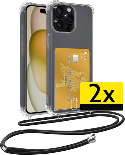 Hoesje Geschikt voor iPhone 15 Pro Telefoonhoesje Met Koord Case Pashouder Siliconen - Hoes Geschikt voor iPhone 15 Pro Hoesje Met Kaarthouder - Transparant - 2 Stuks