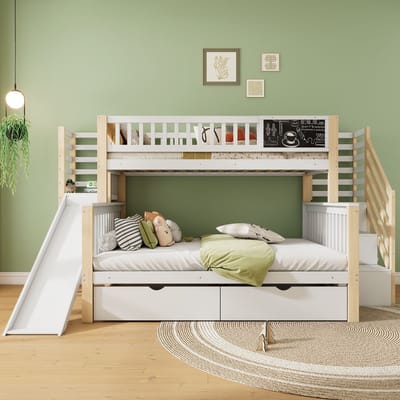MODFU Huis-etagenbed – Met glijbaan, trap met opbergruimte & krijtbord – Grenen – Wit/Naturel – 140/90x200