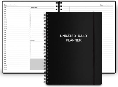 Ongedateerde Dagplanner - Organisator Notitieboek - Productiviteit Verhogend - Uurschema's en Actie-items - A4 Formaat - Zwart