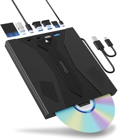 Gloovon 7-in-1 Externe DVD/CD Speler & Brander - USB 3.0 & USB-C - Met USB Hub, SD & TF Kaartlezer - Universele Laptop & MacBook Drive - Zwart