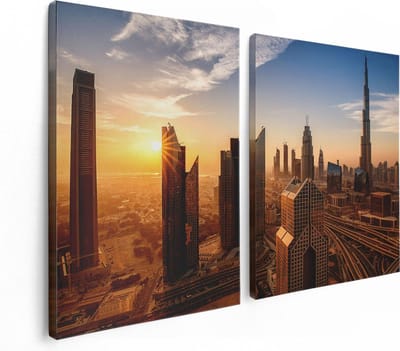 Artaza Canvas Schilderij Tweeluik Dubai Stad bij Zonsopgang - 120x80 - Foto Op Canvas - Canvas Print