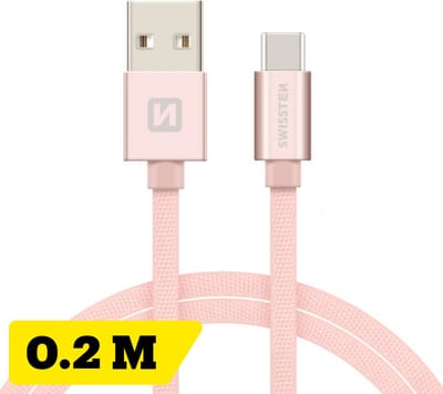 Swissten Korte USB-C naar USB-A Kabel - 20cm - Gevlochten Nylon - Oplaadkabel & Datakabel - Roze