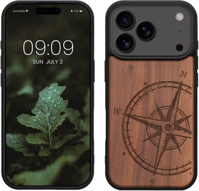 kwmobile telefoonhoesje geschikt voor iPhone 17 Pro - Hoesje met bumper - hout - In donkerbruin Vintage Kompas design