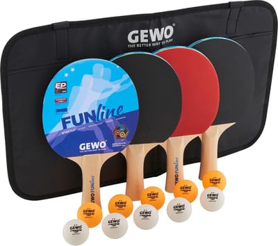 e Tafeltennisbatjes, set van 4 kant-en-klare tafeltennisbatjes voor hobby en vrije tijd, met 10 TT-ballen en praktische opbergtas, complete houder met noppen-binnenbekleding, handvat concaaf