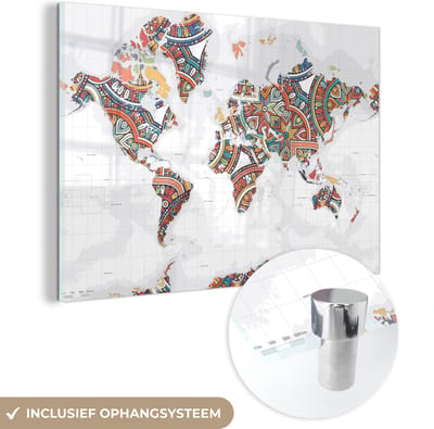® Glasschilderij 150x100 cm - Schilderij acrylglas - Wereldkaart - Versiering - Kleurrijk - Foto op glas - Muurdecoratie woonkamer - Wanddecoratie slaapkamer - Schilderijen