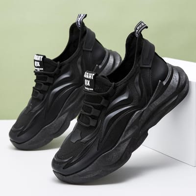 Herenschoenen Zomer Ademend Casual Zwart Platform Verhoogde Sportschoenen Heren Trendy Lichtgewicht Flyknit Mesh Schoenen 44 black