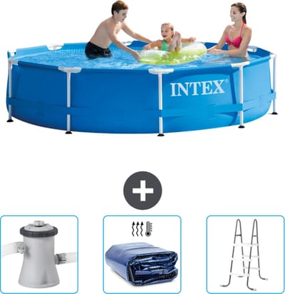 Intex Rond Frame Zwembad - 305 x 76 cm - Blauw - Inclusief Zwembadfilterpomp - Solarzeil - Ladder