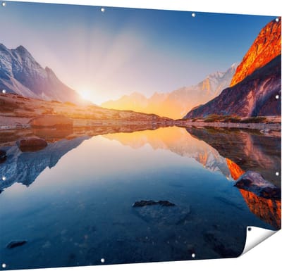 Gards Tuinposter Bergen Landschap met Zonsopgang - 150x120 cm - Tuindoek - Tuindecoratie - Wanddecoratie buiten - Tuinschilderij