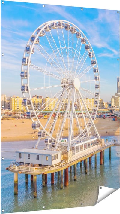 Gards Tuinposter Scheveningen Pier met de Ferris Wheel - Reuzenrad - 120x180 cm - Tuindoek - Tuindecoratie - Wanddecoratie buiten - Tuinschilderij