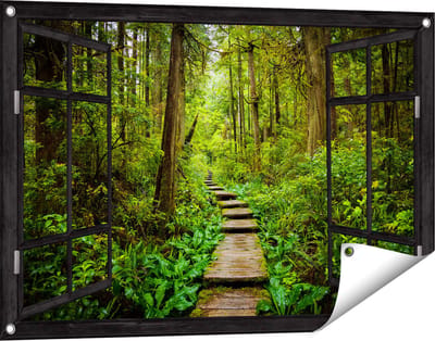 Gards Tuinposter Doorkijk Voetpad in het Bos met Groene Planten - 90x60 cm - Tuindoek - Tuindecoratie - Wanddecoratie buiten - Tuinschilderij
