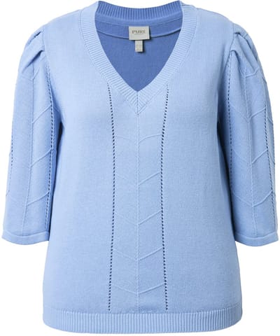 Ulla Popken - Dames - Trui ajourbreisel V-hals 3/4-mouwen biologisch katoen - Vorstblauw - Maat 42+