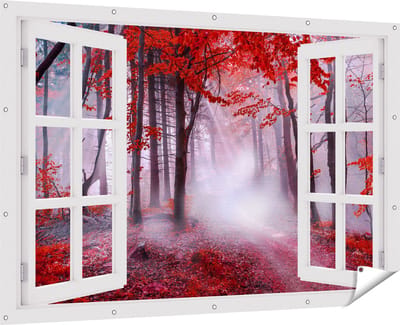 Gards Tuinposter Doorkijk Rood Bos met Bomen - 180x120 cm - Tuindoek - Tuindecoratie - Wanddecoratie buiten - Tuinschilderij