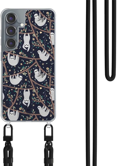 Hoesje met koord geschikt voor Samsung Galaxy S25 - Luiaard print - Inclusief Zwart koord - Crossbody beschermhoes - Transparant, Beige - Mooie Telefoonhoesjes