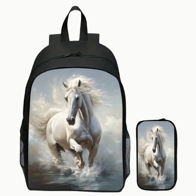 Rugzak dames | Witte Paarden Rugzak | Paardenpatroon Rugtas | Rugzak meisje | Mooie Rugzakken met een Paard | Paarden Etui | Witte Paarden Rugzak Pakket | 15 liter