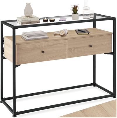 tectake® Consoletafel met 2 lades en glazen blad - Sidetable met 2 niveaus - Houten dressoir met glazen blad - Industrieel design - Zwart metalen frame - Afmeting (LxBxH) 101,5 x 41,5 x 80,5 cm - Lichtbruin
