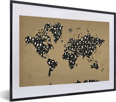 Poster in lijst - Fotolijst 60x40 cm - Posters - Wereldkaart - Cijfers - Bruin - Posterlijst zwart - Decoratie - Wanddecoratie woonkamer - Muurdecoratie slaapkamer