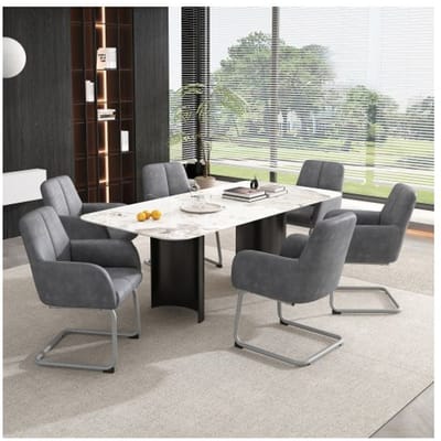 Eetkamerstoel - MUVOE - Set van 6 - Microvezelleer - Stalen poten - Ergonomisch comfort grijs