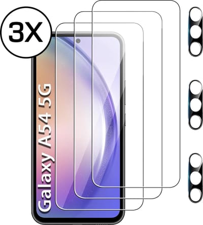 Podec Screenprotector en Camera Lens Protector geschikt voor Samsung Galaxy A54 - Gehard Beschermglas - Transparant en Krasbestendig - Tempered Glass Screen Cover - 3 + 3 Stuks
