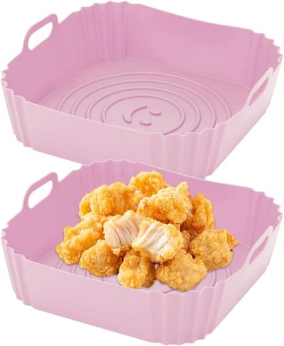 SnelShoppen - 2 Stuks Siliconen Vorm voor Airfryer - Herbruikbare Luchtfriteuse Mand - Vierkante Dienblad voor Oven en Magnetron - Roze, 22x22x5.5 cm