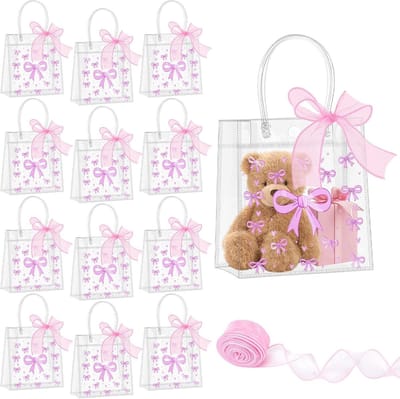 30-Pack Transparante PVC Cadeautassen met Handvatten en Knoopsluiting, Roze Strik en Hart Design voor Feestjes, Bruiloften, Verjaardagen en Kerstmis