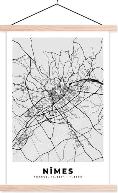 Posterhanger incl. Poster 40x60 cm - Schoolplaat - Kaart - Stadskaart - Nîmes - Plattegrond - Frankrijk - Textielposter - Blanke latten - Stadskaart