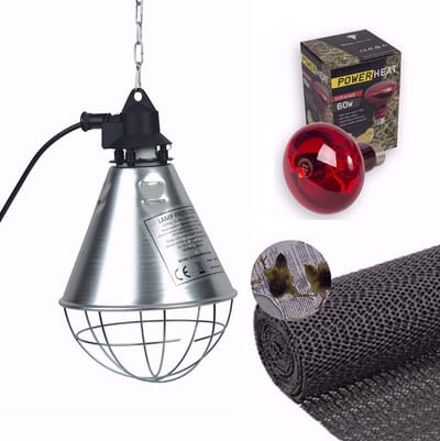 Armatuur met 60WATT warmtelamp en ANTI-spreidpoten matje | Armatuur met schakelaar en beschermingskooi 2.5m kabel max 175W