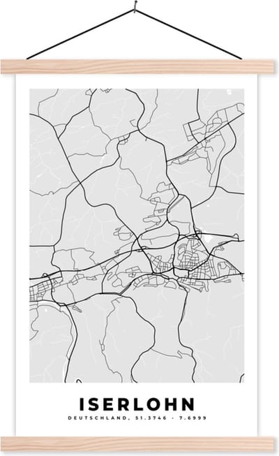 Posterhanger incl. Poster 40x60 cm - Schoolplaat - Plattegrond - Duitsland - Iserlohn - Kaart - Stadskaart - Textielposter - Blanke latten - Stadskaart