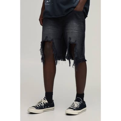 Relaxed Fit Stijve Extreem Gescheurde Denim Shorts | Washed Black | Size 28
