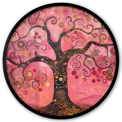 Poster in lijst Rond - Fotolijst 40x40 cm - Posters - Boom - Levensboom - Roze - Goud - Ronde posterlijst zwart - Decoratie - Wanddecoratie woonkamer - Muurdecoratie slaapkamer