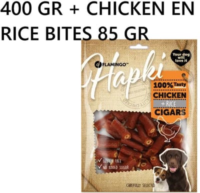 FLAMINGO HAPKI KIP EN RIJST SIGAREN - 400 GR - GLUTENVRIJ - GEEN TOEGEVOEGDE SUIKER - + - FLAMINGO HAPKI KIP EN RIJST BLOKJES 85 GR