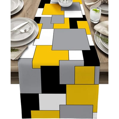 Art Abstrait Moderne Bloc de Couleur Chemin de Table en Lin Gris Noir Jaune Foulard de Commode Décor de Table Fête de Fête Décor de Table à Manger 150x33cm yellow