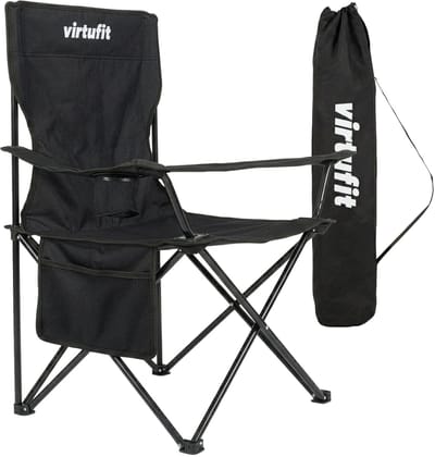 VirtuFit Opvouwbare Camping Stoel - Strandstoel met Armsteunen - Zwart - Inclusief Draagtas - Voor Festivals, Campings & Stranden - Eenvoudig Meenemen en Opzetten