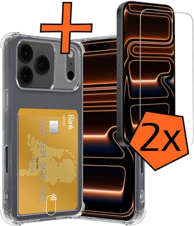 Hoes - Geschikt voor iPhone 17 Pro / 18 Pro - Met 2x Screenprotector - Pashouder - Kaarthouder - Telefoon Hoesje Shockproof - Siliconen Case - Back Cover - Shock Proof - Pasjes Houder - Transparant