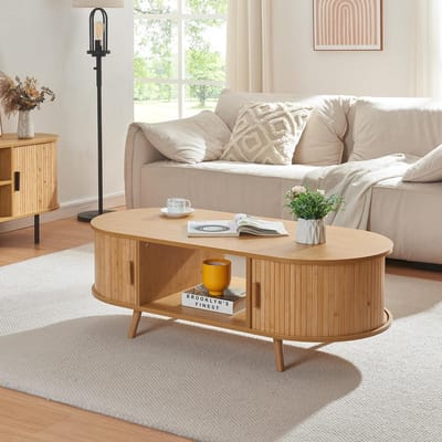 Salontafel met schuifdeuren en open vakken MDF bamboe hout naturel 120x55x40 cm