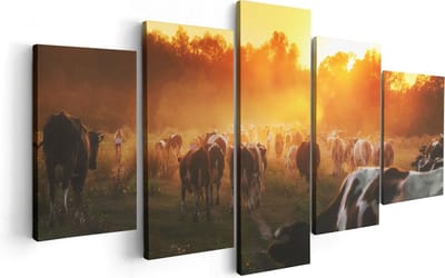 Artaza Canvas Schilderij Vijfluik Kudde Koeien In Weiland Bij Zonsondergang - 100x50 - Foto Op Canvas - Canvas Print