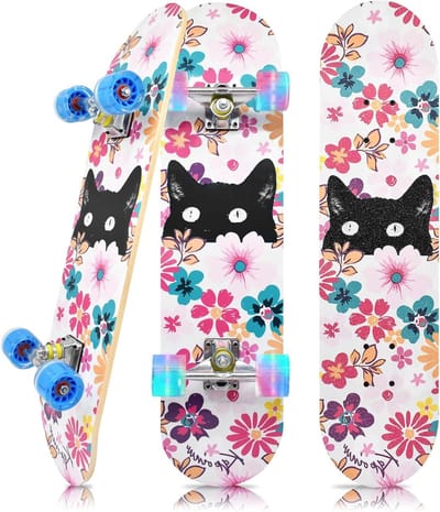 Compleet Skateboard - Beginners Board - Straat Gebruik - Kleurrijke Knipperwielen - 31x7.8 Inch - Bloem Kat