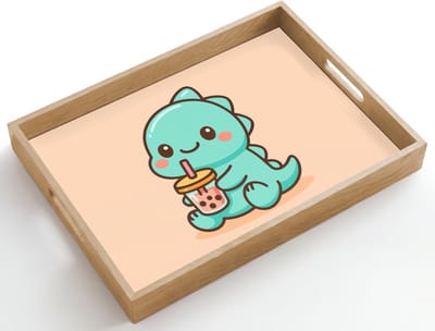 Dienblad hout 50x35 cm - Schootdienblad - Dino - Boba - kawaii - Oranje - Borrelplank rechthoek - Plateau dienbladen