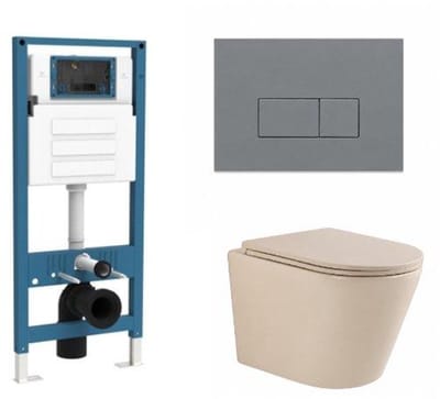 QeramiQ Dely Toiletset - inbouwreservoir Qeramiq Flush - slim zitting - kunststof licht grijze bedieningsplaat - rechthoekige knoppen - beige