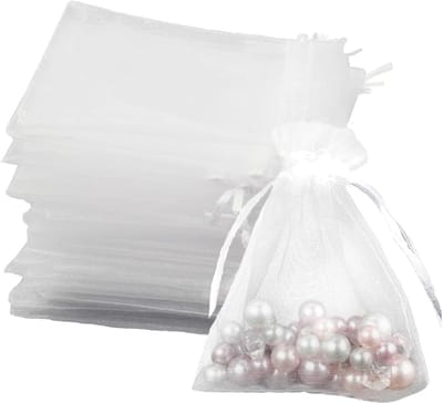 Verpakking van 100 organzazakjes, 7 x 9 cm, geschikt als cadeauzakjes, sieradenzakjes, bruidszakjes, lavendelzakjes, huwelijksbedankjes, feestartikelen, met lint (wit).