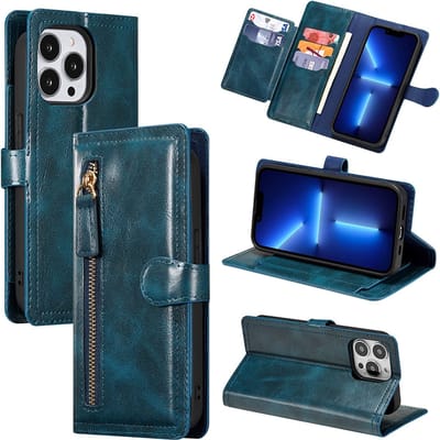 Premium vintage portemonnee hoesje met ritssluiting flip-cover hoes met kaarthoudersleuven - Geschikt voor: iPhone 13 Pro -  blauw