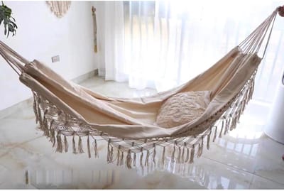 Dubbele Hangmat - Reishangmat Kampeerhangmat - Ontspannen Buiten - Met Kwastjes - 200 x 150 cm - Beige
