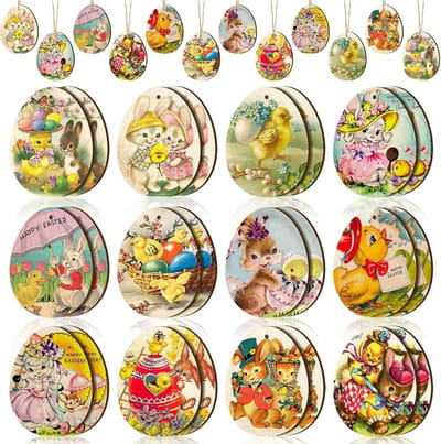 "Schattige ei konijn figuren - Happy Easter - Peter Konijn / Rabbit - Paasdecoratie | Konijntjes - Hanger - Paashangers | Decoratie kinderkamer - Versiering | Guirlande - Banner | Pasen - Paashaas - Haas | Set van 36 stuks! "