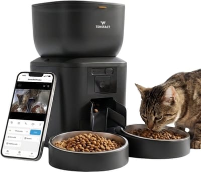 Automatische Voerbak Kat met Camera Tensfact Pro Duo - 2 RVS Bakken - Wifi Voerautomaat Kat met Nachtzicht - 2 in 1 Voerautomaat - Zwart