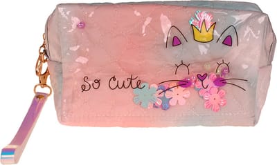 Toilettas / Grote Etui - Poes Princess - So Cute - Transparant met Bloemetjes - Perzik & Groen - 19x11cm